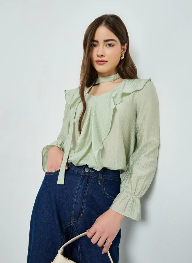 Styli Green Ruffle Long Sleeves Blouse