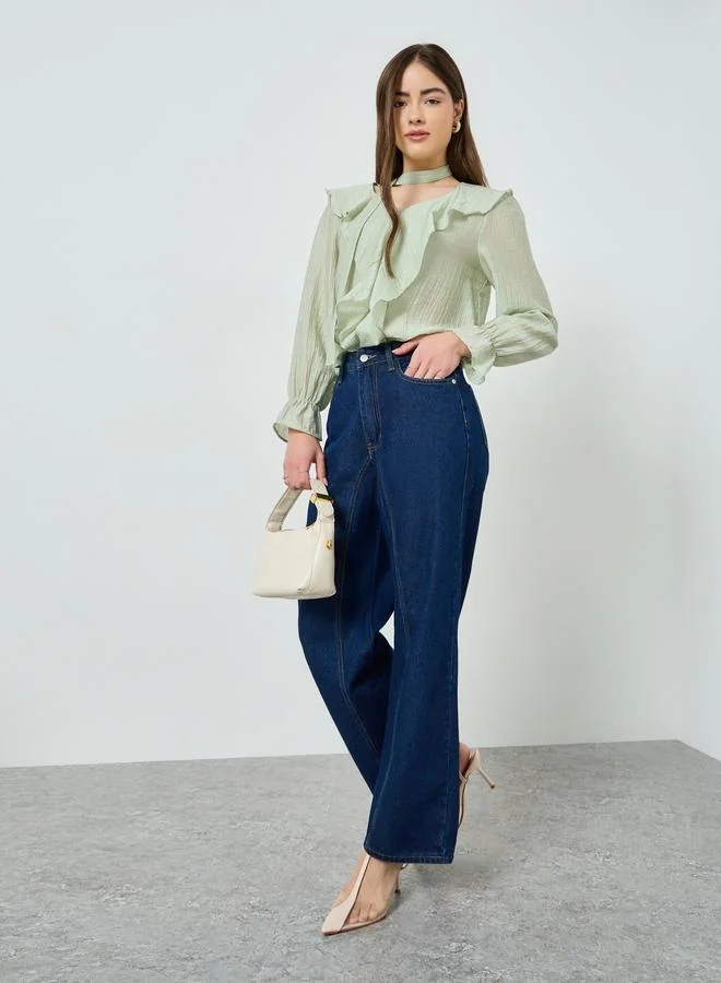 Styli Green Ruffle Long Sleeves Blouse