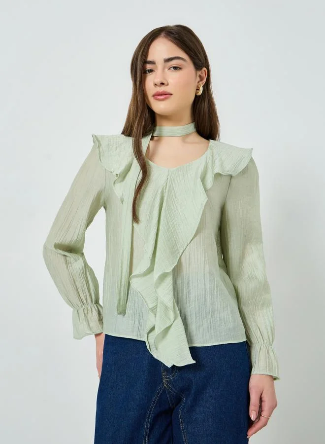 Styli Green Ruffle Long Sleeves Blouse