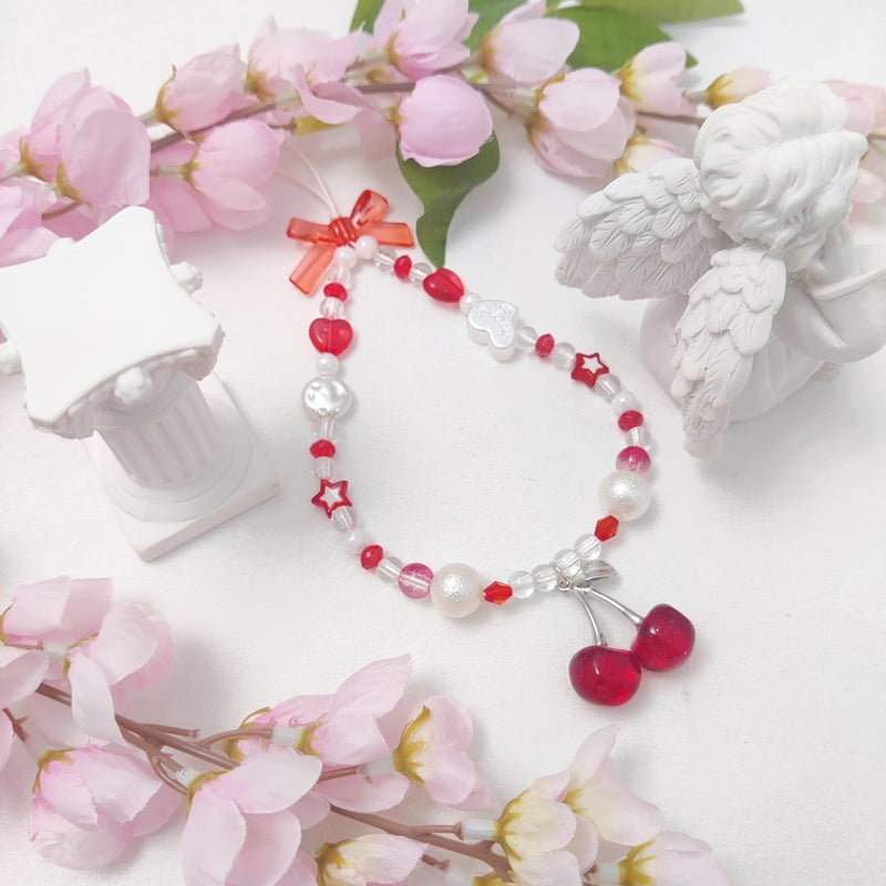 cioatu Phone Charms Cute Cherry Butterfly Cell Phone Lanyard Strap Wrist Strap for Bag Airpods Camera Pendants Decor (Glitter Cherries) - Image 2