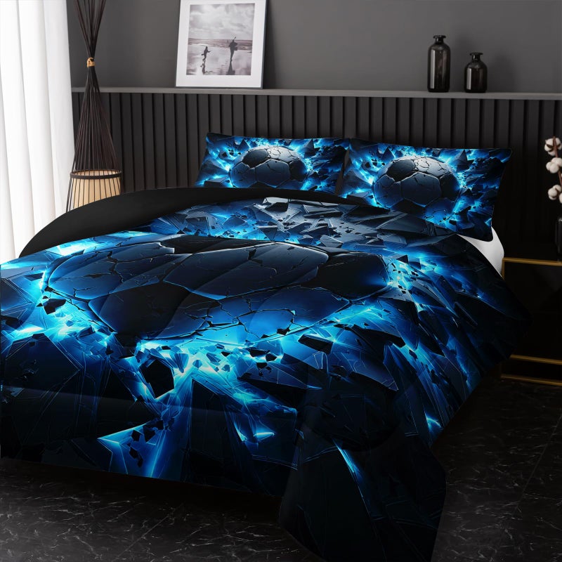 Nttopship Soccer Bedding Comforter Set Full Size for Kids Teens and Adults, Blue Black Football Printed Bedding Sets 3 PCS,Ball Sports Themed Bedroom Decor with 1 Comforter and 2 Pillowcases - Image 2