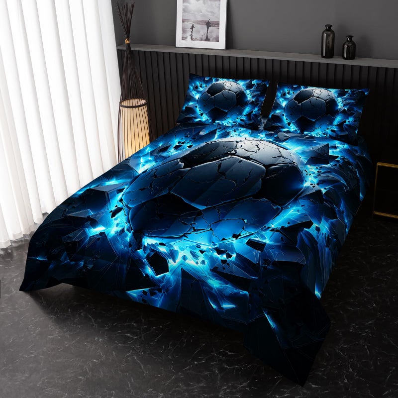 Nttopship Soccer Bedding Comforter Set Full Size for Kids Teens and Adults, Blue Black Football Printed Bedding Sets 3 PCS,Ball Sports Themed Bedroom Decor with 1 Comforter and 2 Pillowcases - Image 4