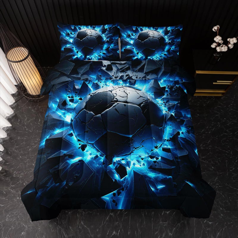 Nttopship Soccer Bedding Comforter Set Full Size for Kids Teens and Adults, Blue Black Football Printed Bedding Sets 3 PCS,Ball Sports Themed Bedroom Decor with 1 Comforter and 2 Pillowcases - Image 3