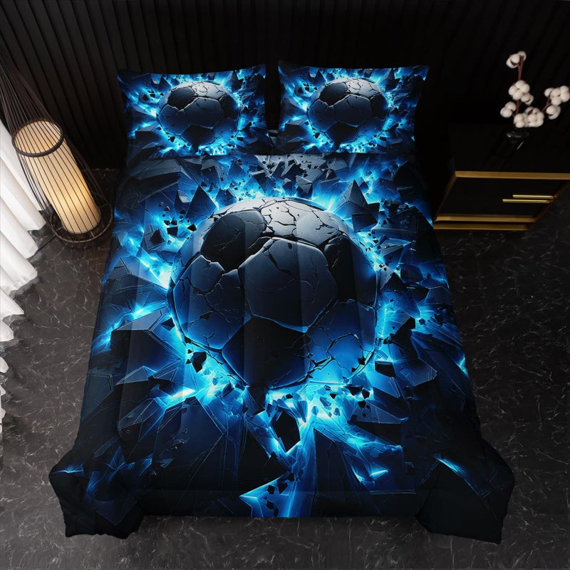Nttopship Soccer Bedding Comforter Set Full Size for Kids Teens and Adults, Blue Black Football Printed Bedding Sets 3 PCS,Ball Sports Themed Bedroom Decor with 1 Comforter and 2 Pillowcases - Image 5