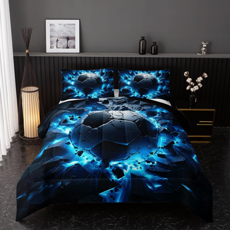 Nttopship Soccer Bedding Comforter Set Full Size for Kids Teens and Adults, Blue Black Football Printed Bedding Sets 3 PCS,Ball Sports Themed Bedroom Decor with 1 Comforter and 2 Pillowcases - Image 1
