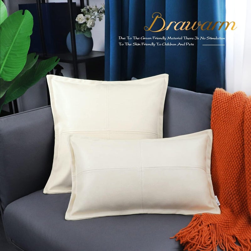 BRAWARM Cream Leather Throw Pillow 12 X 20 Inches, Faux Leather Pillow Cover with Piping, Hand Stitched Decorative Lumbar Throw Pillow Covers for Couch Sofa Bed Living Room Garden - Image 5