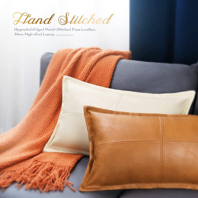 BRAWARM Cream Leather Throw Pillow 12 X 20 Inches, Faux Leather Pillow Cover with Piping, Hand Stitched Decorative Lumbar Throw Pillow Covers for Couch Sofa Bed Living Room Garden - Image 4
