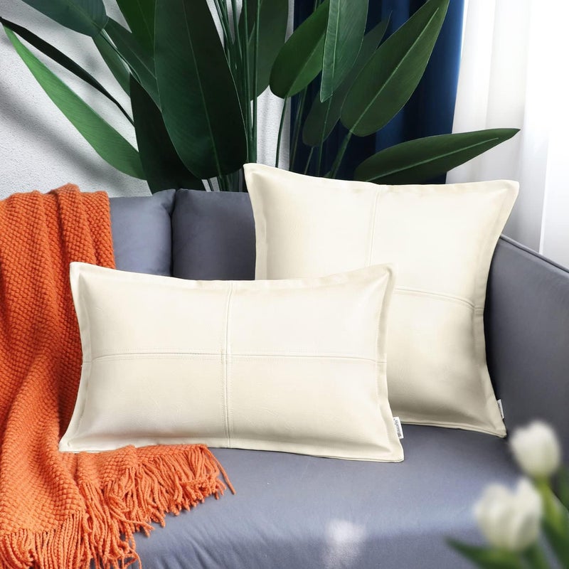 BRAWARM Cream Leather Throw Pillow 12 X 20 Inches, Faux Leather Pillow Cover with Piping, Hand Stitched Decorative Lumbar Throw Pillow Covers for Couch Sofa Bed Living Room Garden - Image 3
