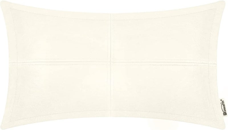 BRAWARM Cream Leather Throw Pillow 12 X 20 Inches, Faux Leather Pillow Cover with Piping, Hand Stitched Decorative Lumbar Throw Pillow Covers for Couch Sofa Bed Living Room Garden - Image 1