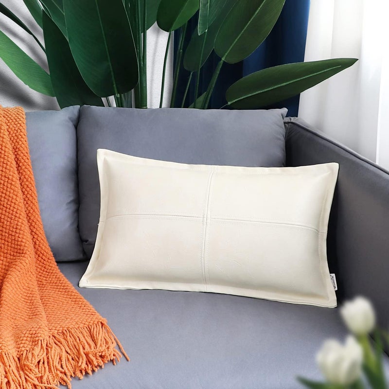 BRAWARM Cream Leather Throw Pillow 12 X 20 Inches, Faux Leather Pillow Cover with Piping, Hand Stitched Decorative Lumbar Throw Pillow Covers for Couch Sofa Bed Living Room Garden - Image 2