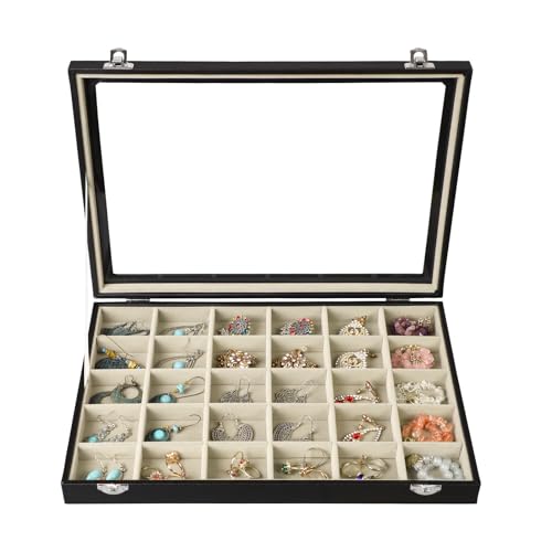 Stratalife Earring Organizer Jewelry Holder Organizer Drawer Earring Storage Jewelry Tray with Clear Lid Ring Box for Women Girls Anti Tarnish 30 Grid (Beige Black) - Image 1