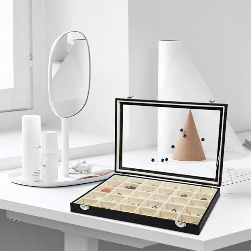 Stratalife Earring Organizer Jewelry Holder Organizer Drawer Earring Storage Jewelry Tray with Clear Lid Ring Box for Women Girls Anti Tarnish 30 Grid (Beige Black) - Image 3