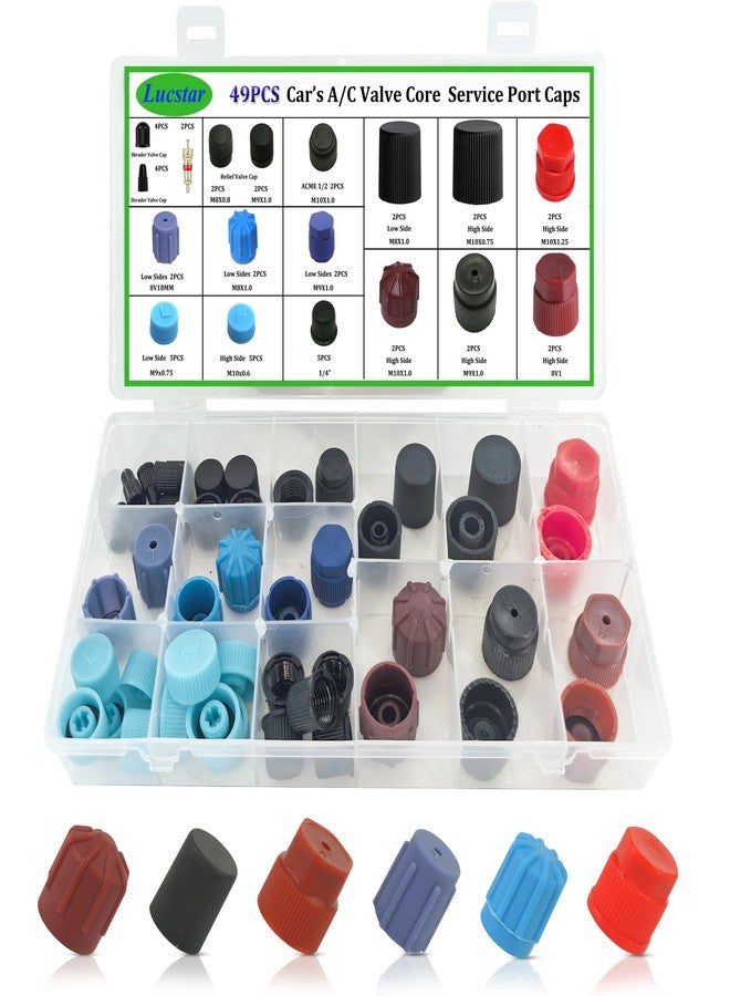Lucstar R 134a A/C Caps for Cars,49pcs 17 Sizes AC Low Pressure Port Cap for R12 R134a Air Conditioning Service AC System Ports Caps, Car AC Recharge Valve Core Kit, Auto Replacement Leakproof Hat - Image 1