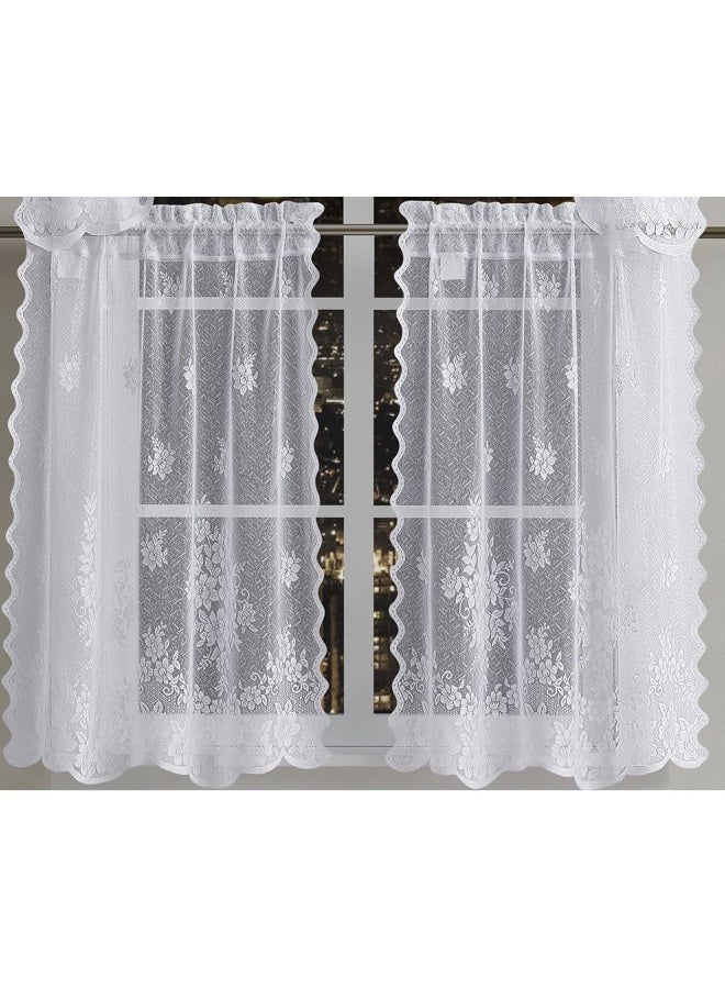 LINENZONE Lace Swag and Tiers 3 Piece Kitchen Curtain Set (Flower 3 Piece Set, White) - Image 3