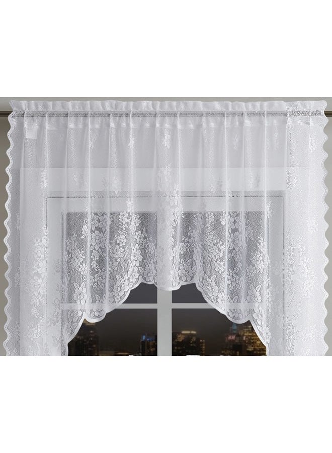 LINENZONE Lace Swag and Tiers 3 Piece Kitchen Curtain Set (Flower 3 Piece Set, White) - Image 4