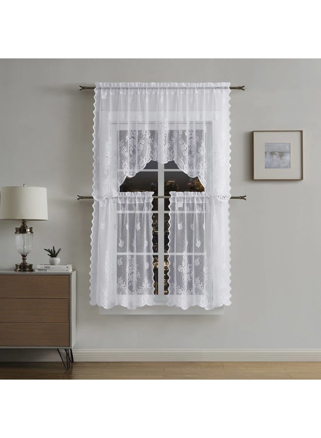 LINENZONE Lace Swag and Tiers 3 Piece Kitchen Curtain Set (Flower 3 Piece Set, White) - Image 1