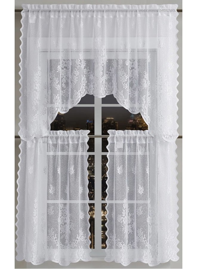 LINENZONE Lace Swag and Tiers 3 Piece Kitchen Curtain Set (Flower 3 Piece Set, White) - Image 2