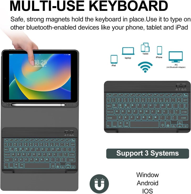 typecase Bluetooth Keyboard case for iPad 9th/8th/7th Gen, iPad Air 3rd, iPad Pro 10.5" with 7-Colors Backlits, Pencil Holder, Multi Viewing Angle, Magnetically Detached Keyboard Case Cover - Image 3