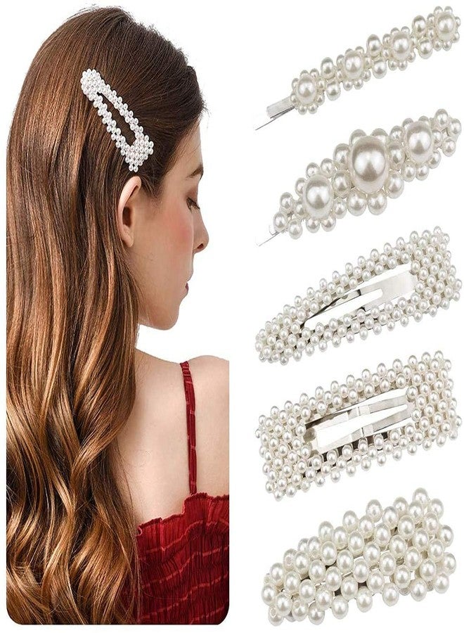 MYZON 5 PCS Pearl Hair Clips Large Hair Clips Pins Barrette Ties Hair for Women Girls, Handmade Fashion Hair Accessories Pearl Hair Clips/Ties/Hairpins for Party Jewelry Daily Use for Long Hair - Image 1