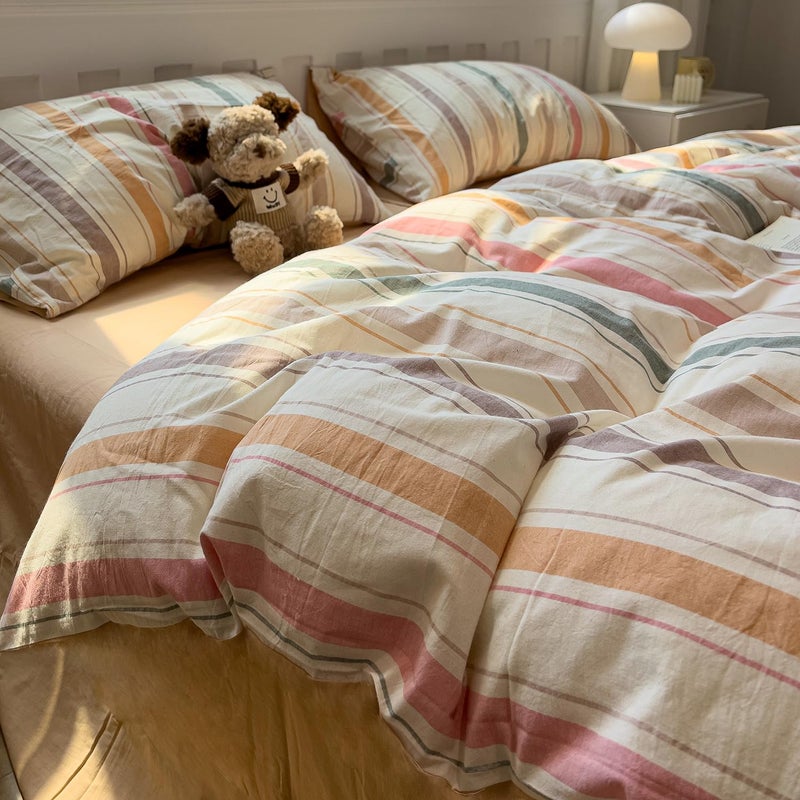 mixinni Vintage Striped Duvet Cover Set King, 3-Piece 100% Washed Cotton Bedding Set - Soft & Breathable Colorful Comforter Cover with Zipper, All-Season Lightweight Bed Set for Cozy Home - Image 5