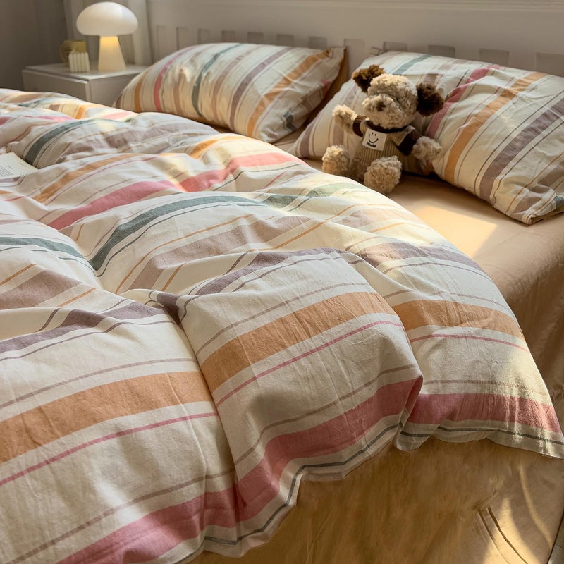mixinni Vintage Striped Duvet Cover Set King, 3-Piece 100% Washed Cotton Bedding Set - Soft & Breathable Colorful Comforter Cover with Zipper, All-Season Lightweight Bed Set for Cozy Home - Image 1