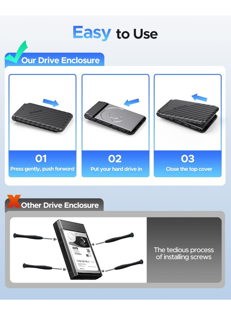Orico ORICO  SSD 2.5 inch External Hard Drive USB 3.0 to SATA III for 7mm and 9.5mm SATA HDD SSD Tool Free [UASP Supported] Black - Image 2