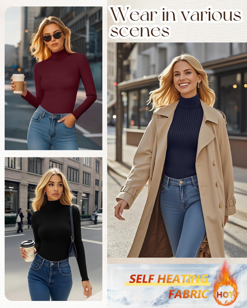 Ficerd 3 Pack Women's Ribbed Thermal Turtleneck Tops Long Sleeve Stretch Shirts Knitted Fitted Lightweight Base Layer(Large,Black, Navy Blue, Wine Red) - Image 3