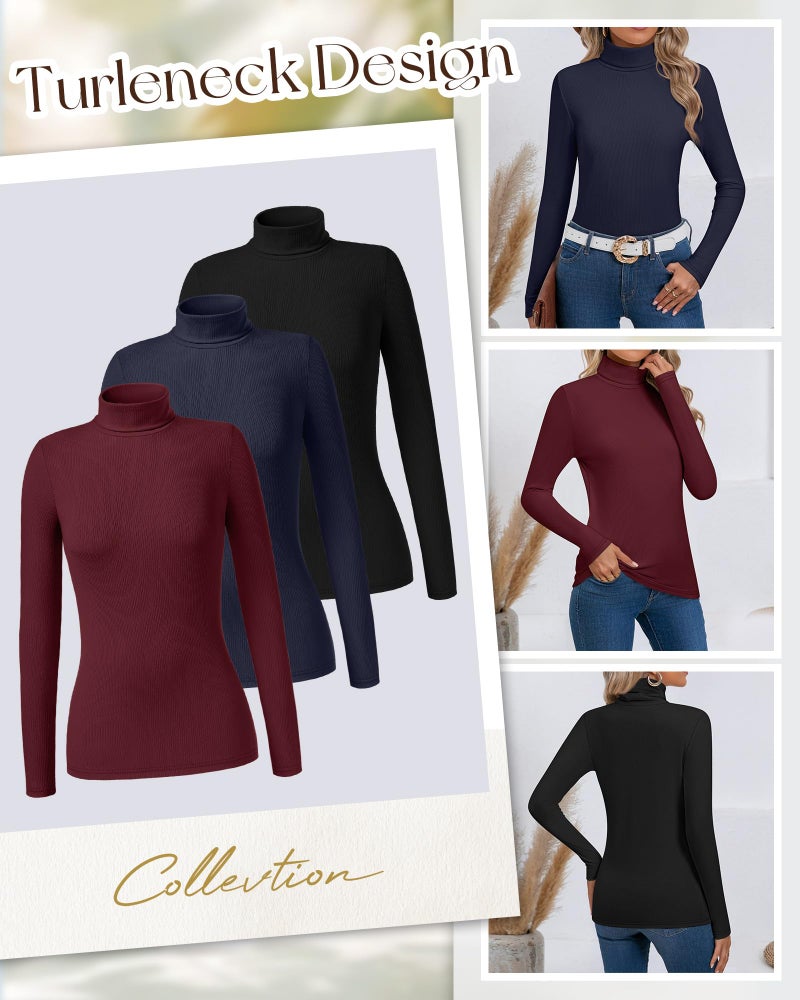 Ficerd 3 Pack Women's Ribbed Thermal Turtleneck Tops Long Sleeve Stretch Shirts Knitted Fitted Lightweight Base Layer(Large,Black, Navy Blue, Wine Red) - Image 2