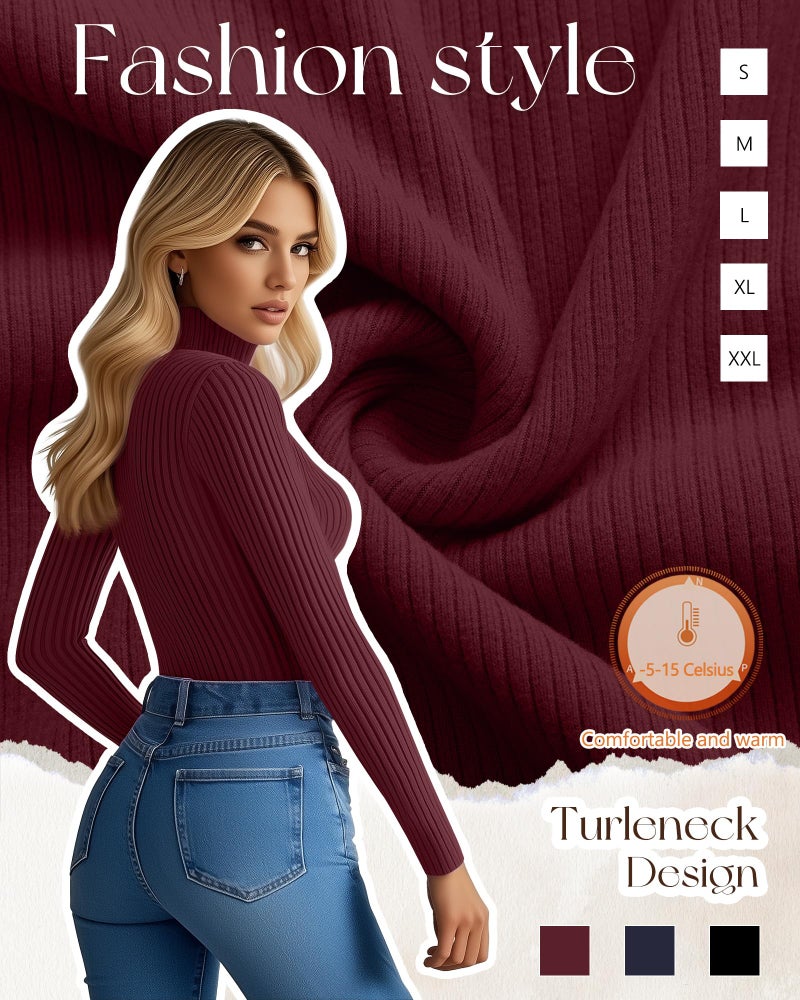 Ficerd 3 Pack Women's Ribbed Thermal Turtleneck Tops Long Sleeve Stretch Shirts Knitted Fitted Lightweight Base Layer(Large,Black, Navy Blue, Wine Red) - Image 4