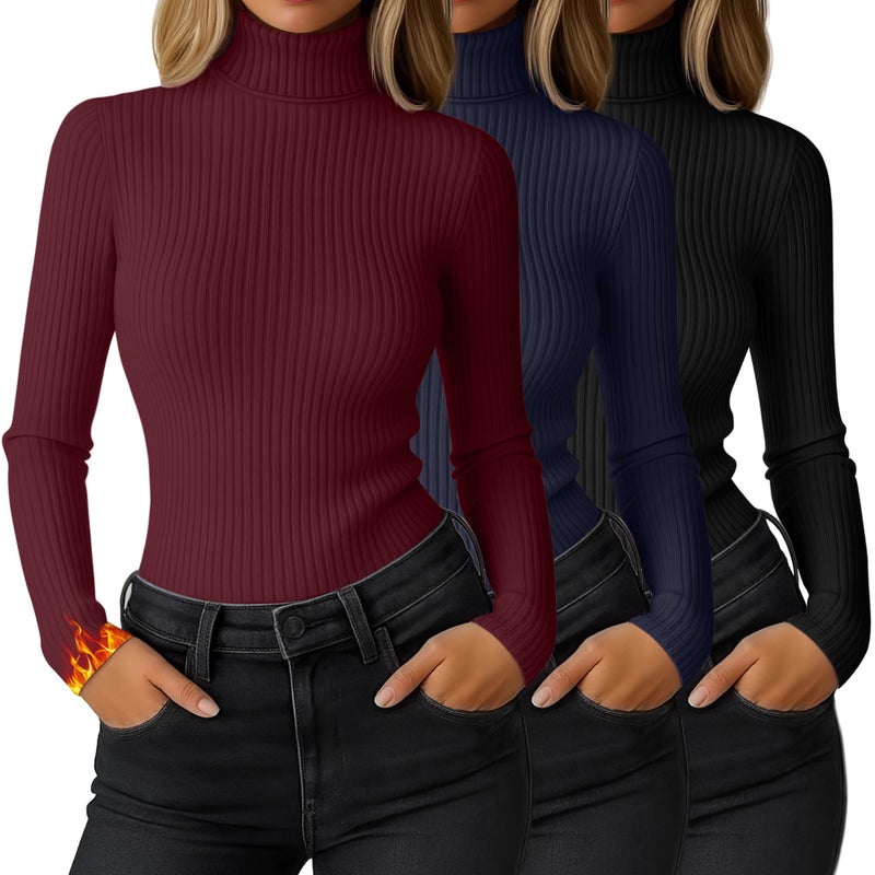 Ficerd 3 Pack Women's Ribbed Thermal Turtleneck Tops Long Sleeve Stretch Shirts Knitted Fitted Lightweight Base Layer(Large,Black, Navy Blue, Wine Red) - Image 1