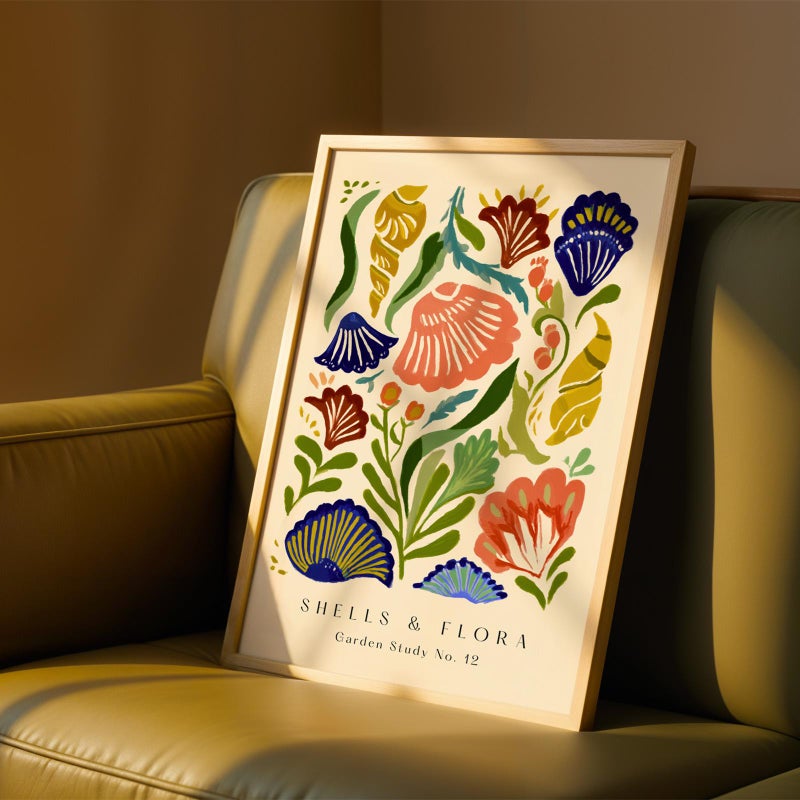 TNESSENTIAL Coastal Botanical Wall Art, Shell Print Abstract Floral Poster, Gallery Exhibition Style, Beach Boho Decor, Colorful Matisse Art - Image 1