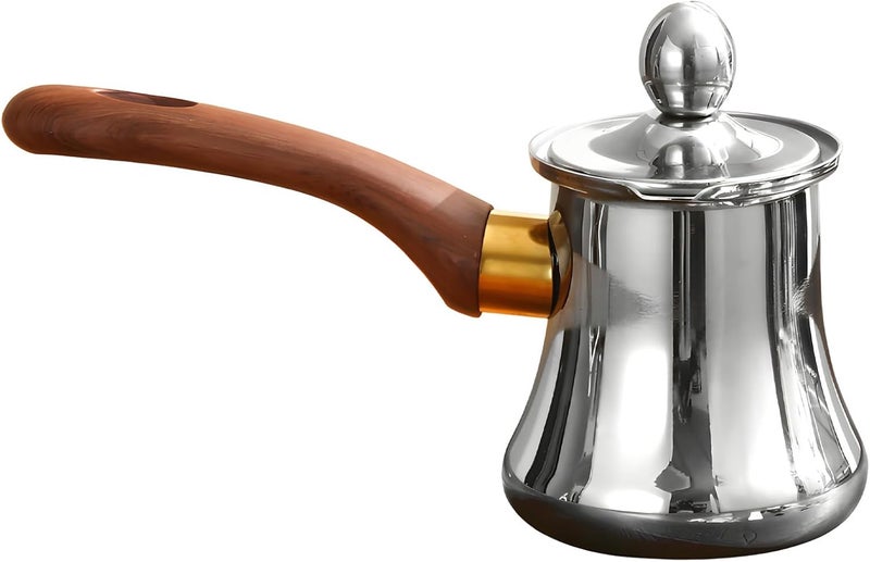 350 Ml Turkish Coffee Pot, Stainless Steel, With Lid, Milk Frothing Pot, Butter Warmer, Wooden Handle, For Coffee, Tea, Milk, Sauce - Image 1