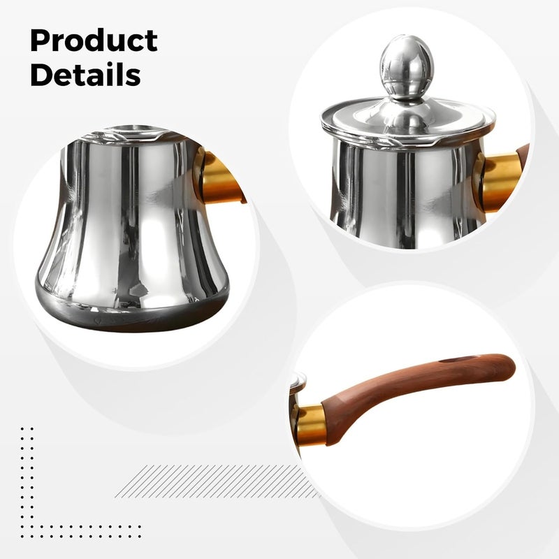 350 Ml Turkish Coffee Pot, Stainless Steel, With Lid, Milk Frothing Pot, Butter Warmer, Wooden Handle, For Coffee, Tea, Milk, Sauce - Image 2