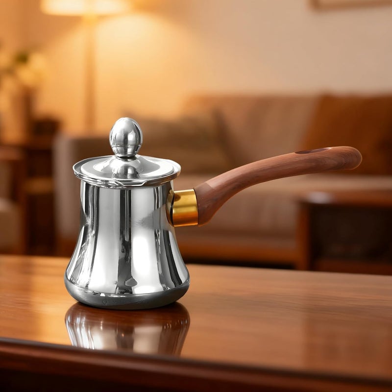 350 Ml Turkish Coffee Pot, Stainless Steel, With Lid, Milk Frothing Pot, Butter Warmer, Wooden Handle, For Coffee, Tea, Milk, Sauce - Image 3