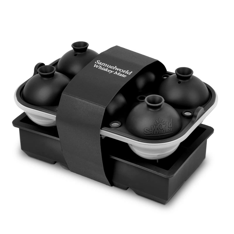 مجموعة صواني الثلج الكبيرة من سامويل وورلد - صانع كرات الثلج العملاقة - 2 عبوة - مصنوعة من مواد غذائية آمنة وسهلة الاستخدام بدون انسكاب مع قمع مدمج - مثالية لويسكي وبوربون وكوكتيلات - باللون الأسود