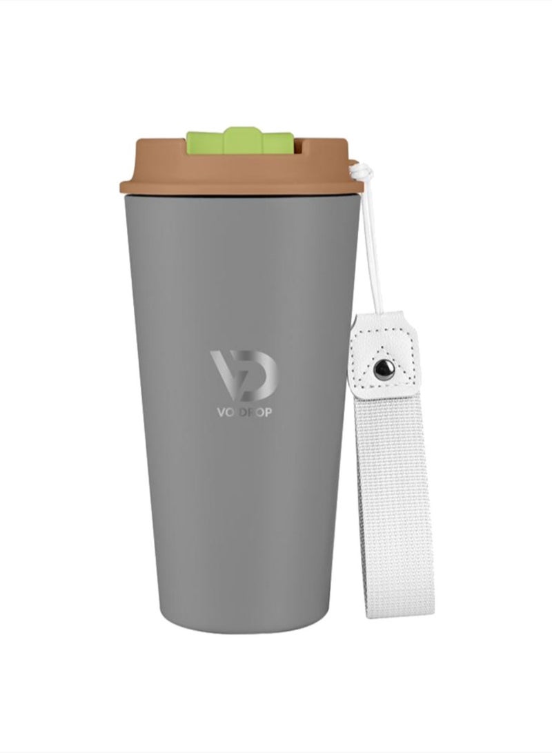 VoiDrop 500ML Coffee Travel Mug Stainless Steel Insulated Spill Proof with Sipper and strap Lid hot & iced beverage powder coating tumbler 16oz (Mate Grey) - Image 1