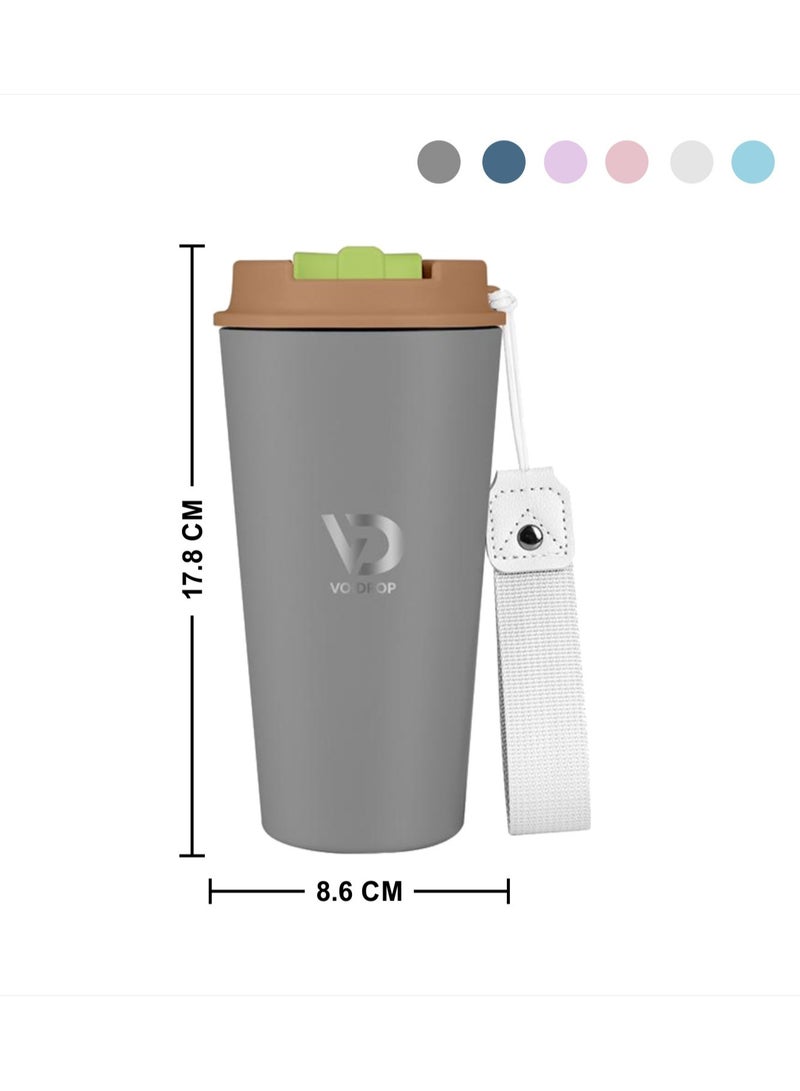 VoiDrop 500ML Coffee Travel Mug Stainless Steel Insulated Spill Proof with Sipper and strap Lid hot & iced beverage powder coating tumbler 16oz (Mate Grey) - Image 2