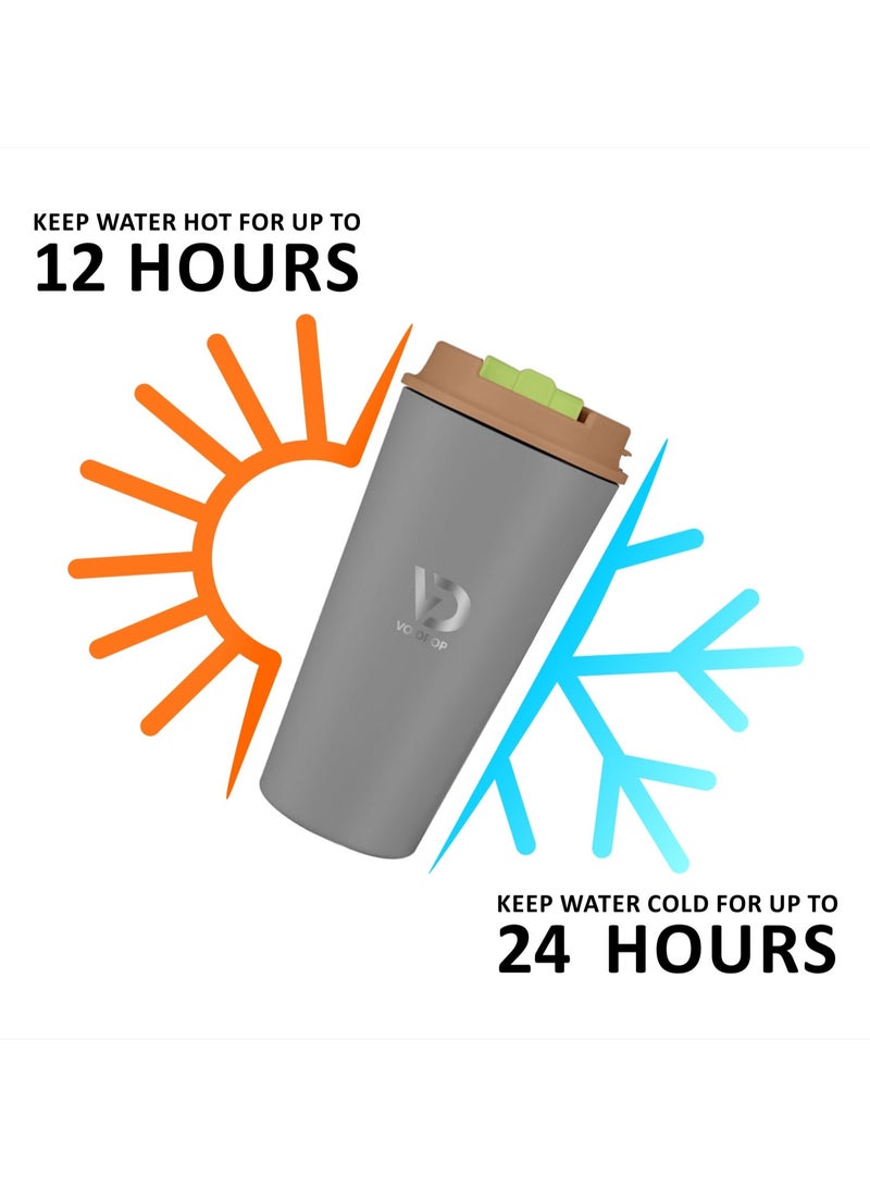 VoiDrop 500ML Coffee Travel Mug Stainless Steel Insulated Spill Proof with Sipper and strap Lid hot & iced beverage powder coating tumbler 16oz (Mate Grey) - Image 3