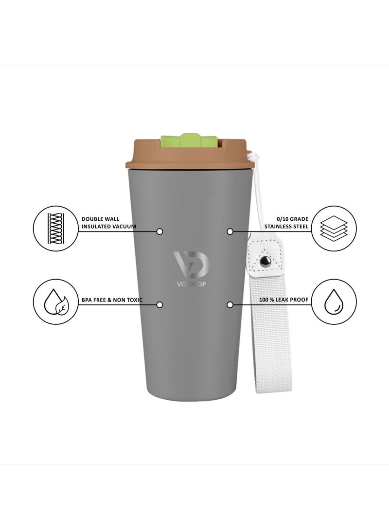 VoiDrop 500ML Coffee Travel Mug Stainless Steel Insulated Spill Proof with Sipper and strap Lid hot & iced beverage powder coating tumbler 16oz (Mate Grey) - Image 4