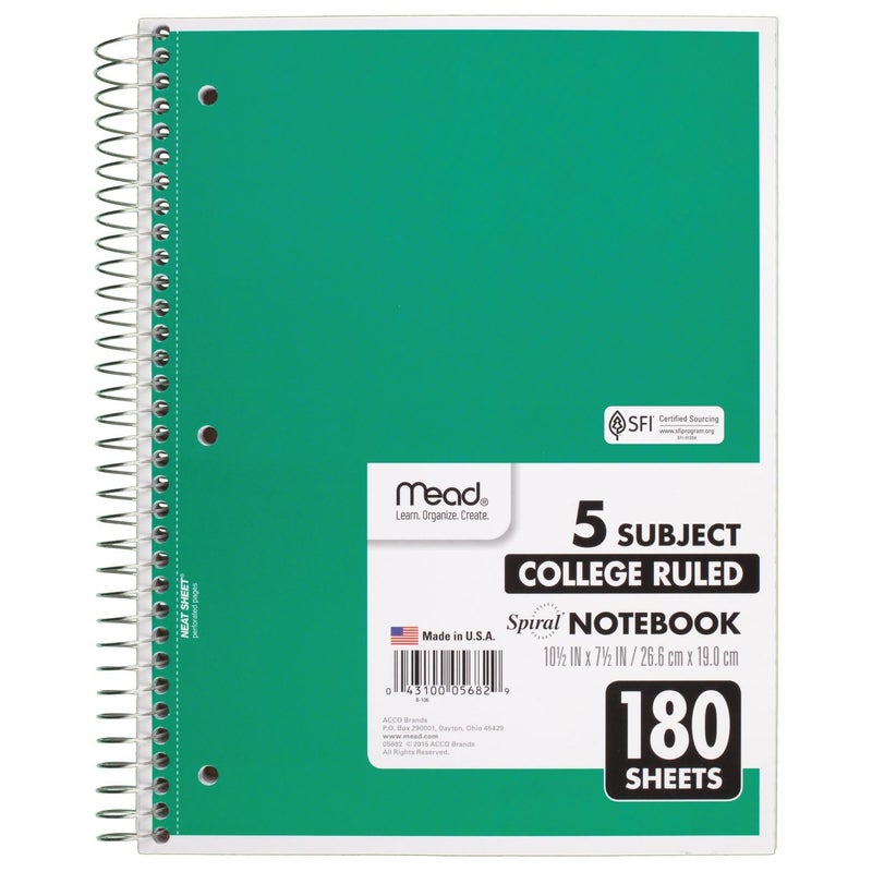 Mead Spiral Notebook 5 Subject College Ruled Paper 180 Sheets 1012 x 8 Color Selected For You 1 Count 05682