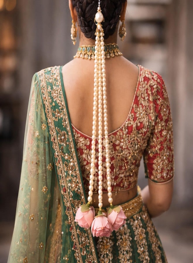 MILAPARK CRAFTS وصلات شعر العروس من ميلابارك كرافتس مزينة باللؤلؤ والورود الوردية، شعر زفاف هندي تقليدي، طول 30 سم، خيوط لؤلؤ صناعي مزخرفة - Image 1