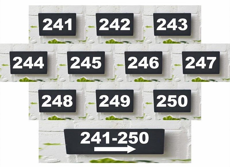 RL Digital Units Number Plate241-250 , Combo pack 11 Number Plate Room, Hotel, Hospital, Lodge,Apartment, Flat,Door No,College, Library, Rack Numbers Warehouse,, Acrylic black board with white letters number plate fixed with water proof pvc sticker and strong double side tape - Image 1
