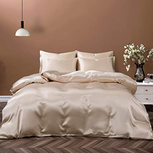 P Pothuiny 5 Pieces Satin Duvet Cover King Size Set, Luxury Silky Like Taupe Duvet Cover Bedding Set with Zipper Closure, 1 Duvet Cover + 4 Pillow Cases (No Comforter) - Image 4