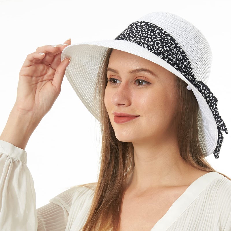 FENELY Womens Straw Sun Hat Summer Beach Wide Brim UV Protection Hats with Chin Strap Leopard White Floppy Foldable Packable Ladies Fashion Cute Bowknot Travel UPF 50 Cap for Girls - Image 4