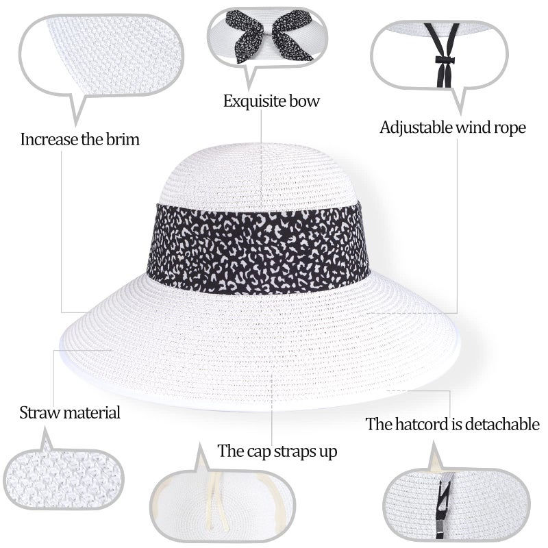 FENELY Womens Straw Sun Hat Summer Beach Wide Brim UV Protection Hats with Chin Strap Leopard White Floppy Foldable Packable Ladies Fashion Cute Bowknot Travel UPF 50 Cap for Girls - Image 3