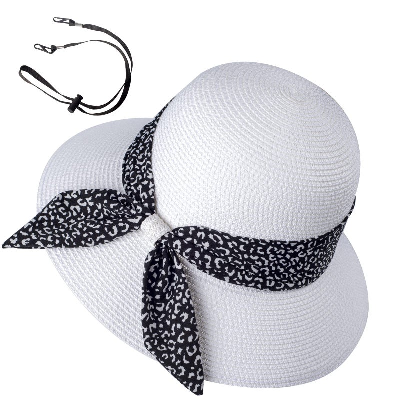 FENELY Womens Straw Sun Hat Summer Beach Wide Brim UV Protection Hats with Chin Strap Leopard White Floppy Foldable Packable Ladies Fashion Cute Bowknot Travel UPF 50 Cap for Girls - Image 1