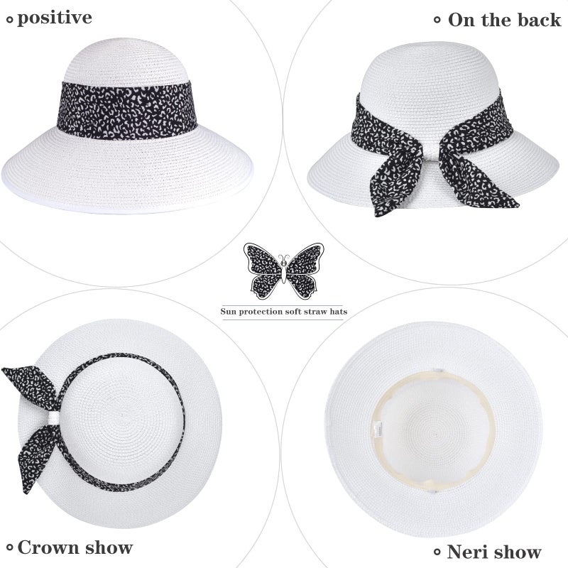 FENELY Womens Straw Sun Hat Summer Beach Wide Brim UV Protection Hats with Chin Strap Leopard White Floppy Foldable Packable Ladies Fashion Cute Bowknot Travel UPF 50 Cap for Girls - Image 2
