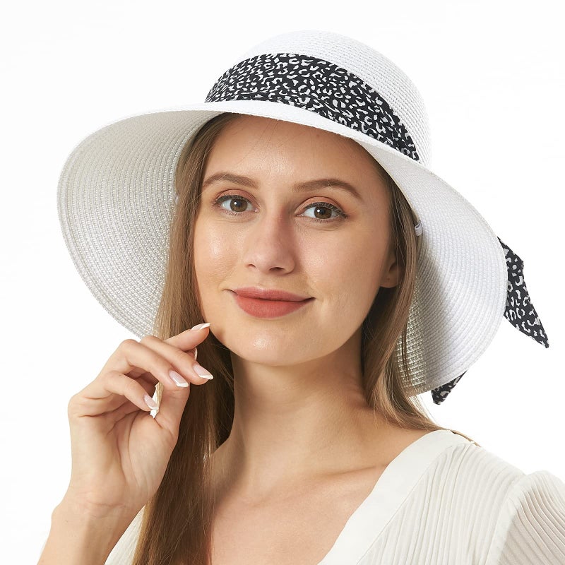 FENELY Womens Straw Sun Hat Summer Beach Wide Brim UV Protection Hats with Chin Strap Leopard White Floppy Foldable Packable Ladies Fashion Cute Bowknot Travel UPF 50 Cap for Girls - Image 5