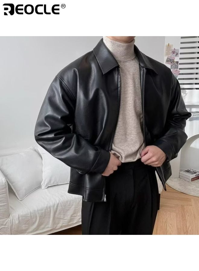 ريوكل جاكيت جلد صناعي للرجال مع طوق قائم وسحاب أمامي بأسلوب الدراجات النارية بتصميم عتيق لخفة الوزن في الملابس الخارجية - Image 3