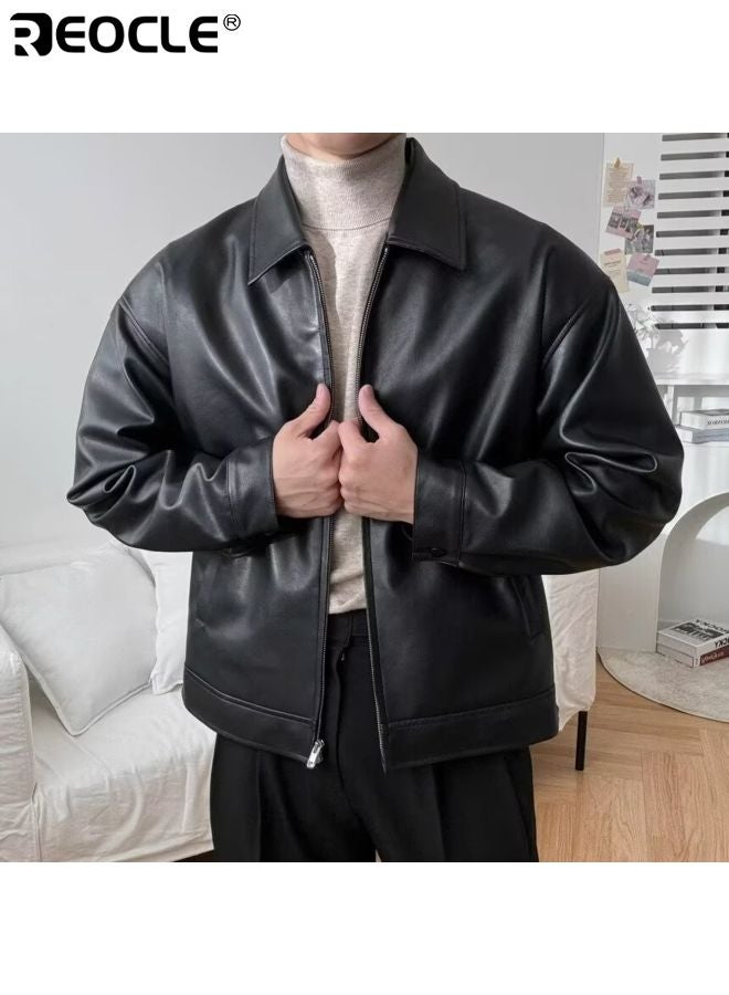 ريوكل جاكيت جلد صناعي للرجال مع طوق قائم وسحاب أمامي بأسلوب الدراجات النارية بتصميم عتيق لخفة الوزن في الملابس الخارجية - Image 1